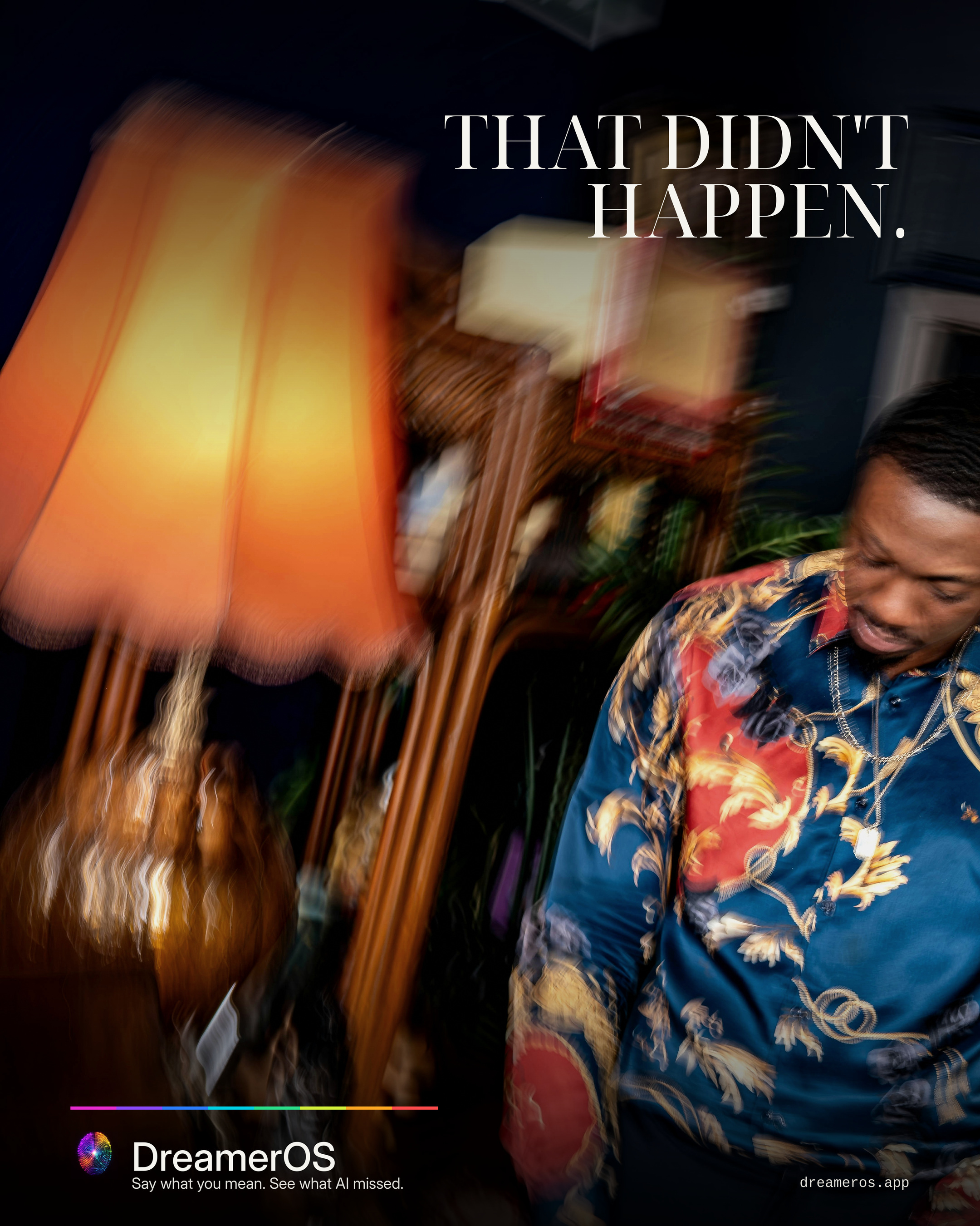 A sharply photographed man moves beside a falling lamp while the headline reads, That did not happen.