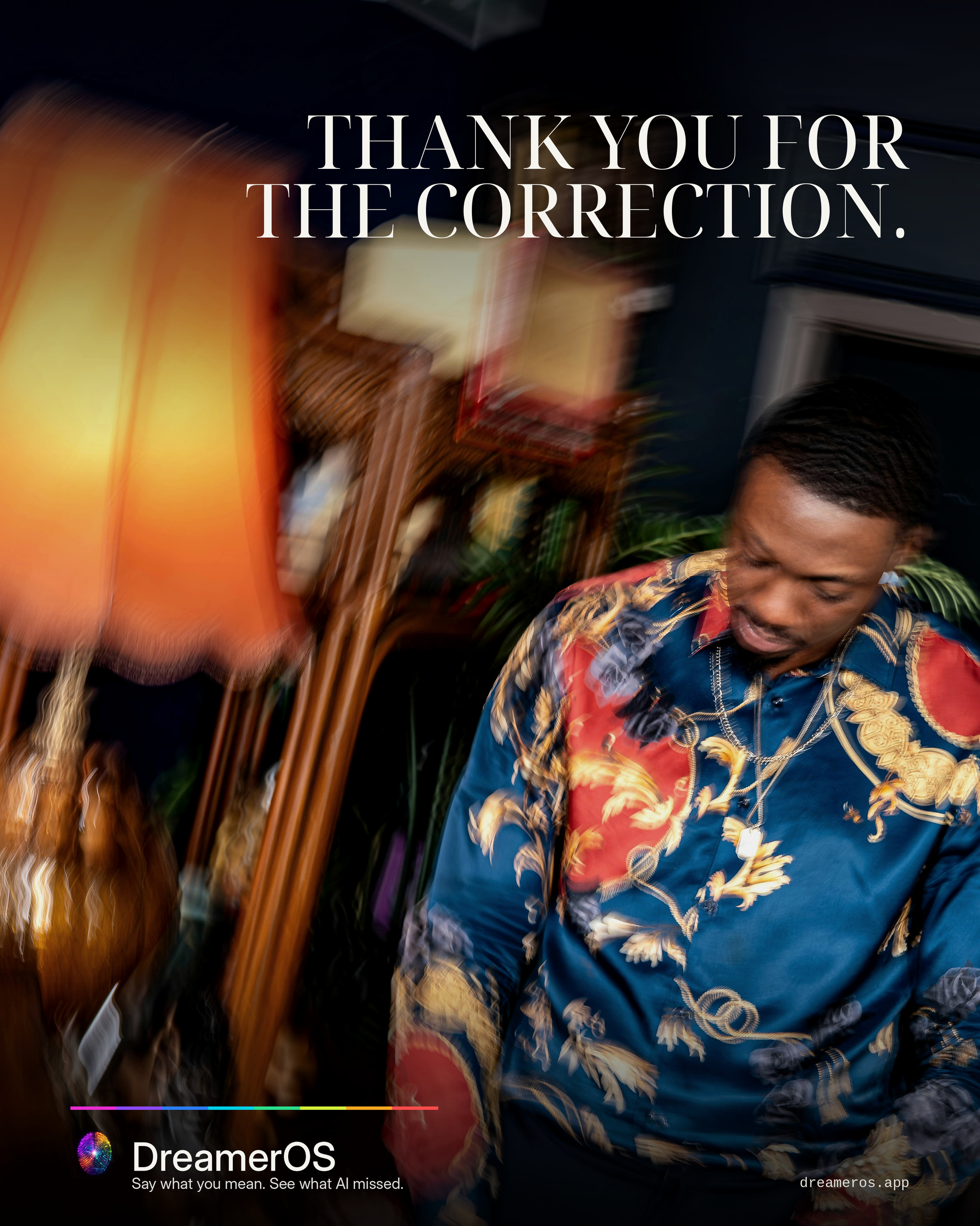 The same unresolved scene appears beneath a polished response: Thank you for the correction.