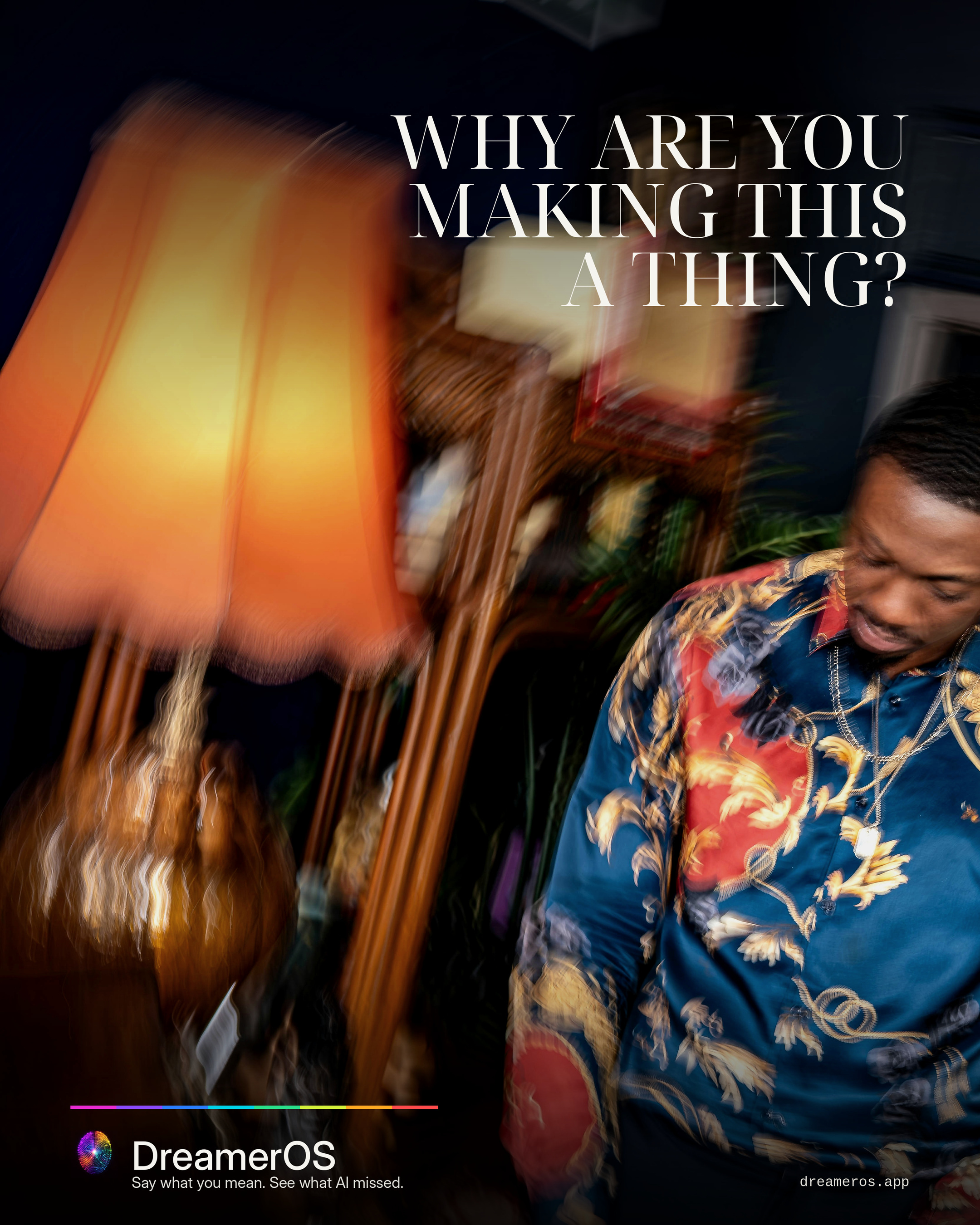 A man looks down as the lamp falls while the headline asks, Why are you making this a thing?