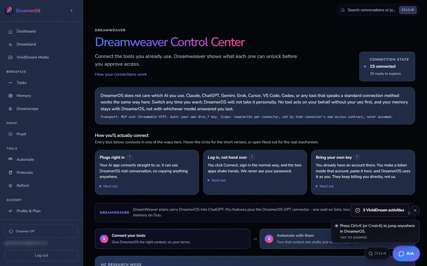 DreamerOS Connect screen showing how customer connections are presented after sign-in