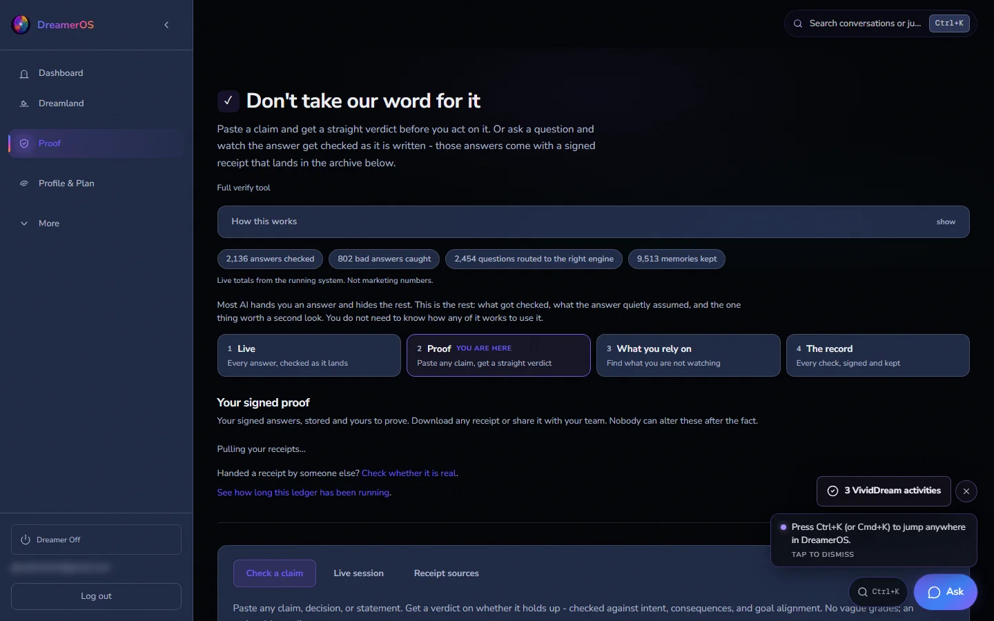 DreamerOS proof screen showing a checked answer, live totals, and a receipt record